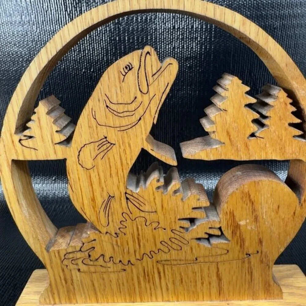 Hand Made Folk‎ Art Wooden Desk Shelf Clock Fish Hand Carved Signed F Erickson